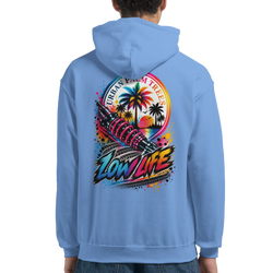 Light blue car culture hoodie featuring a back graphic of a shock absorber, palm trees, and Low Life text.