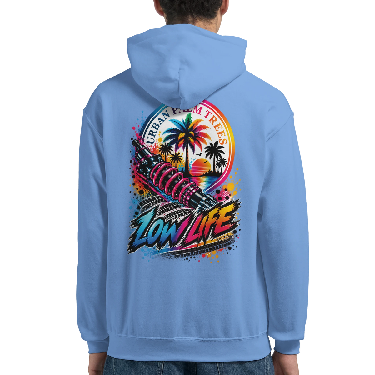 Light blue car culture hoodie featuring a back graphic of a shock absorber, palm trees, and Low Life text.
