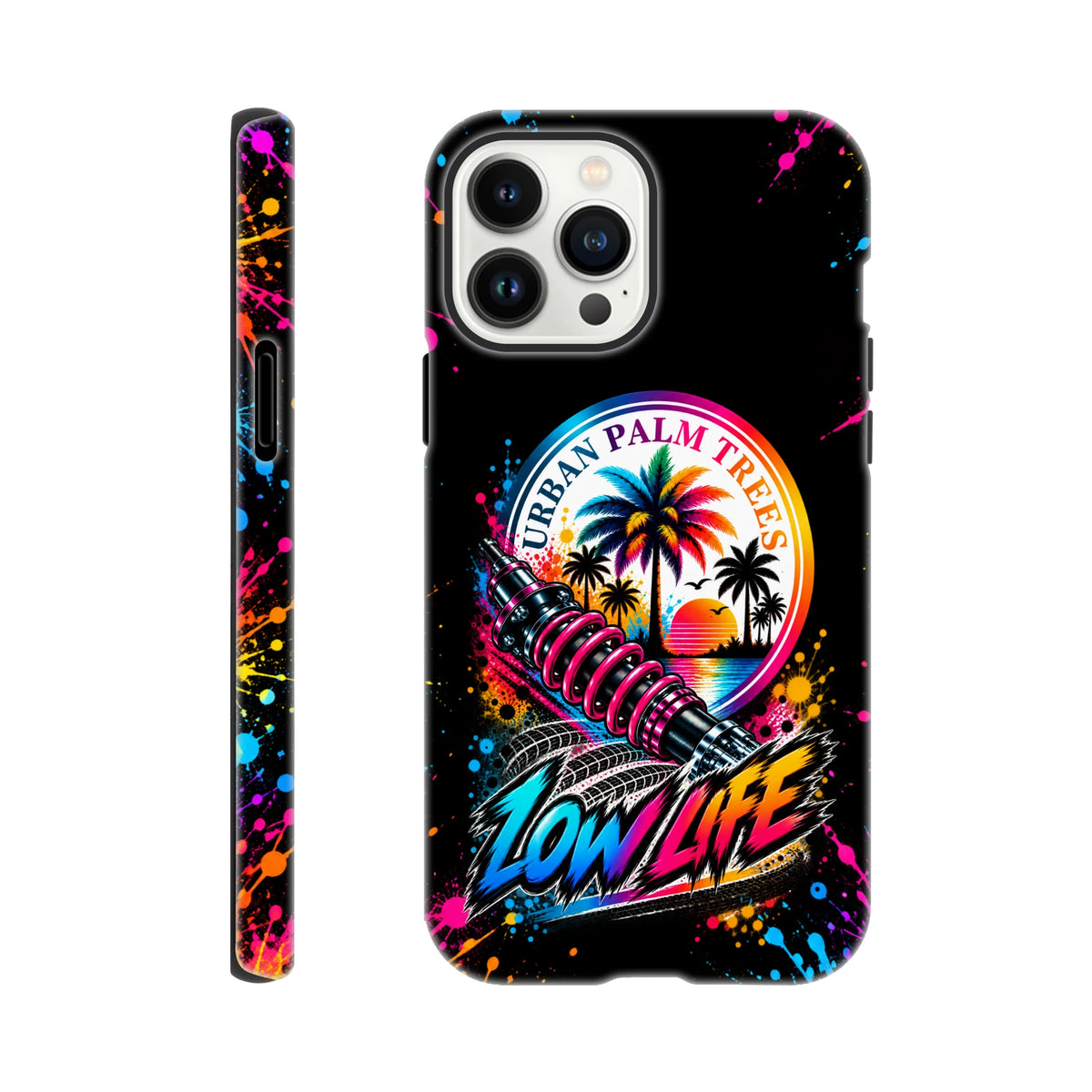 Low Life Petrolhead iPhone case with pink shock absorber, Urban Palm Trees sunset graphic, and colorful paint splatter design on black.