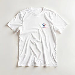 White men's T-shirt featuring a vintage palm tree graphic inside a circular tropical badge on the chest.