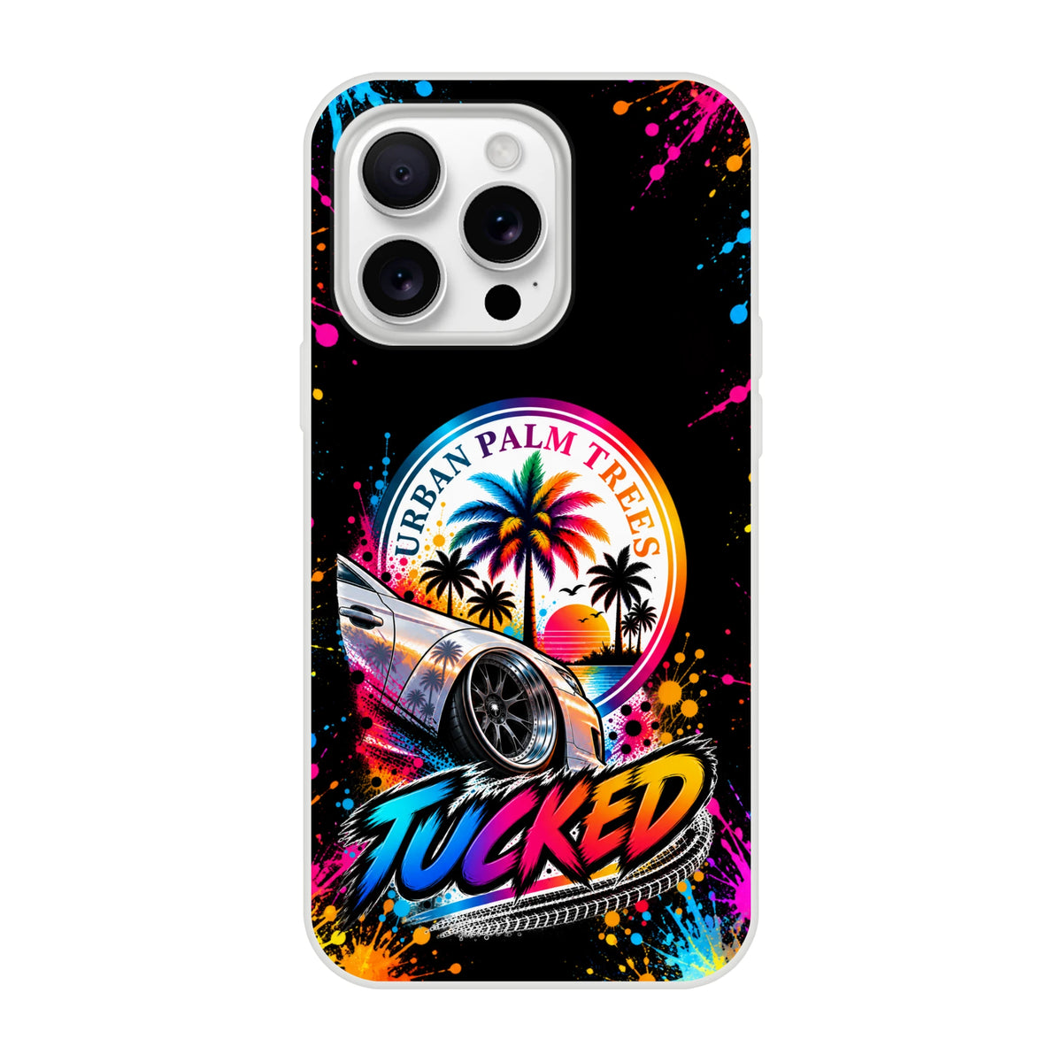 Tucked Stance car culture iPhone case featuring a lowered silver car, palm trees, and "Urban Palm Trees" text with colorful paint splatter on a black background.