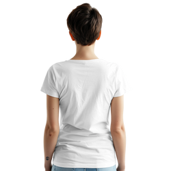 Back view of a woman wearing a plain white T-shirt.