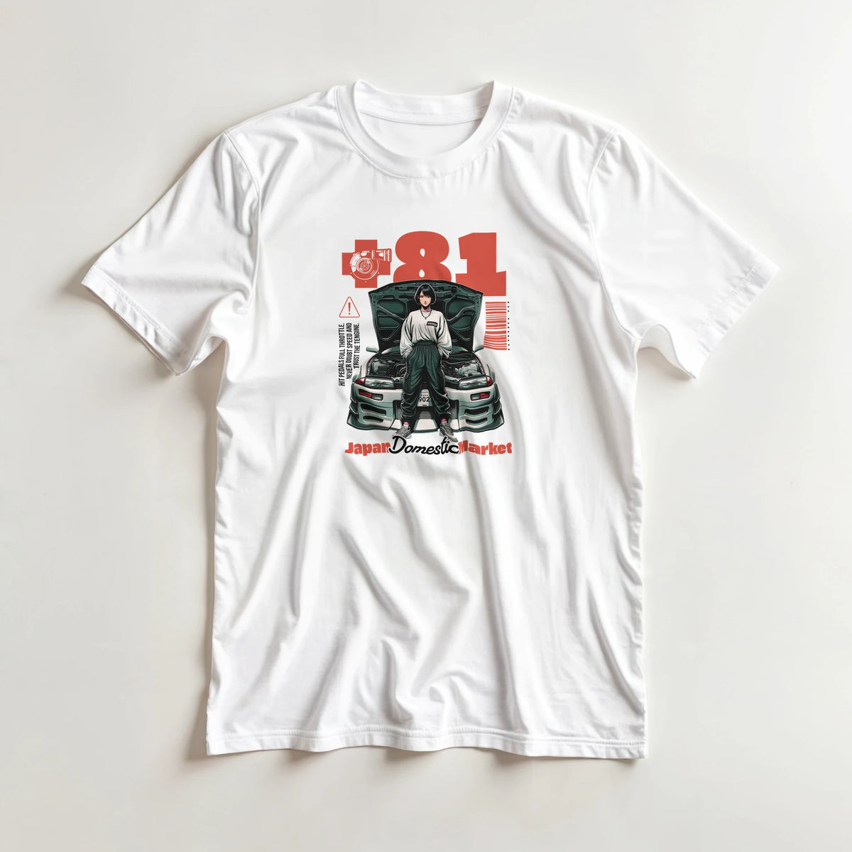 White Retro JDM graphic tee featuring a woman before a modified car with +81 and Japan Domestic Market text.