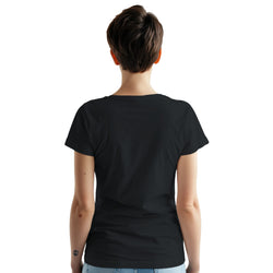 Back view of a woman wearing a black California Beach graphic T-shirt with soft cotton blend.