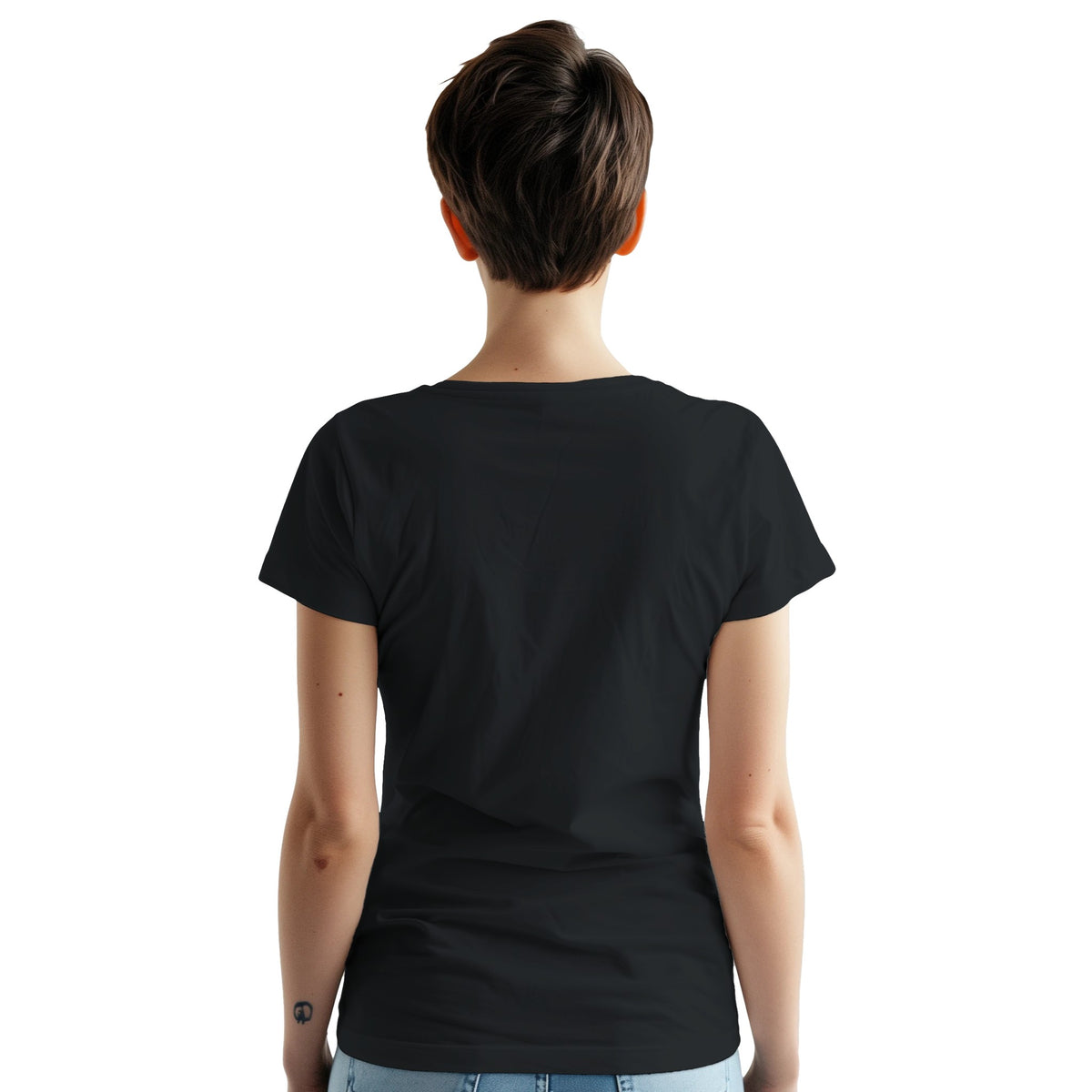 Back view of a woman wearing a black California Beach graphic T-shirt with soft cotton blend.