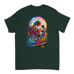 Dark green t-shirt back featuring colorful Low Life graphic with shock absorber, palm trees, and Urban Palm Trees text.