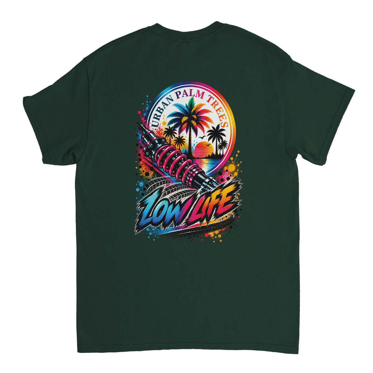 Dark green t-shirt back featuring colorful Low Life graphic with shock absorber, palm trees, and Urban Palm Trees text.