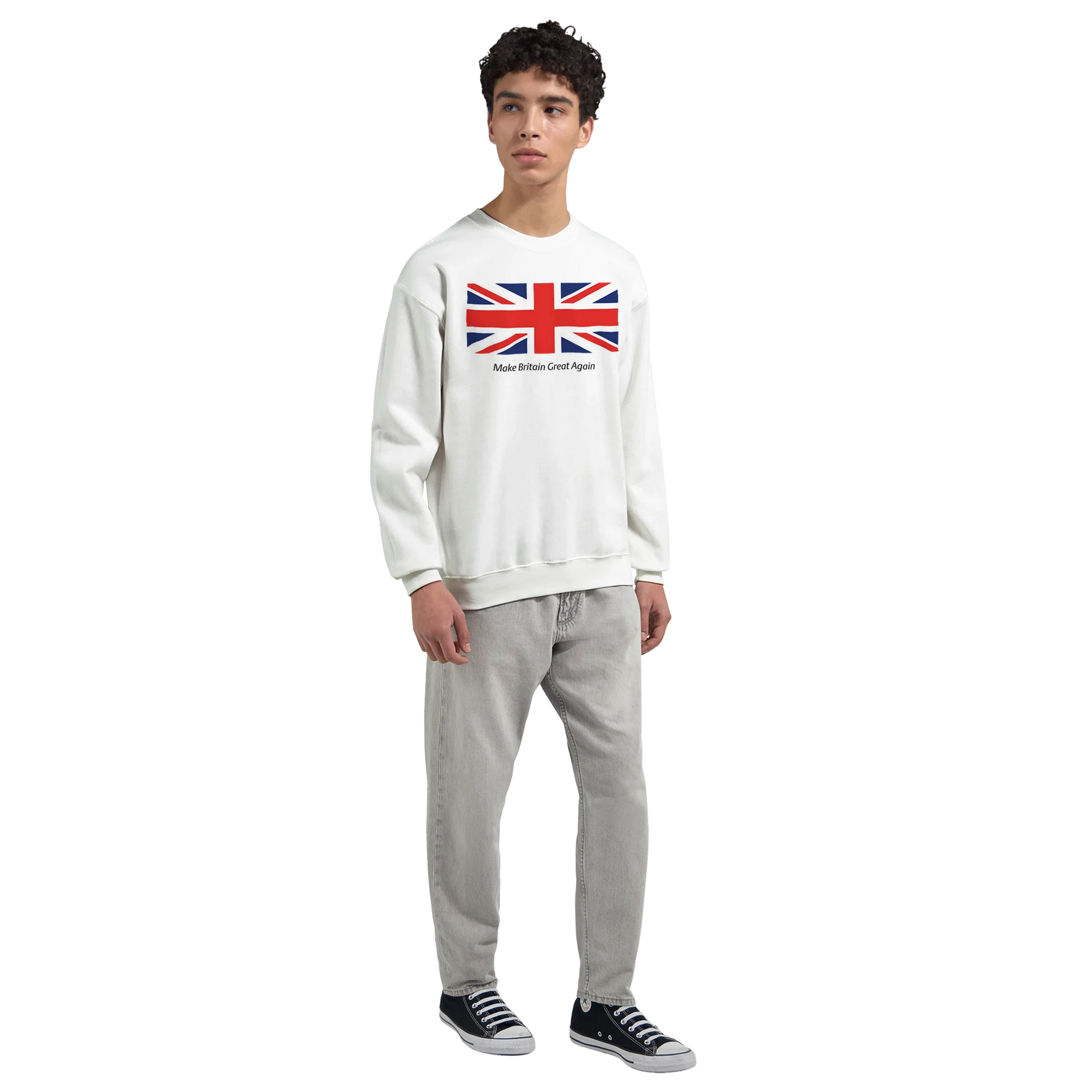 Person wearing a white men's graphic sweatshirt with a Union Jack design on a white background