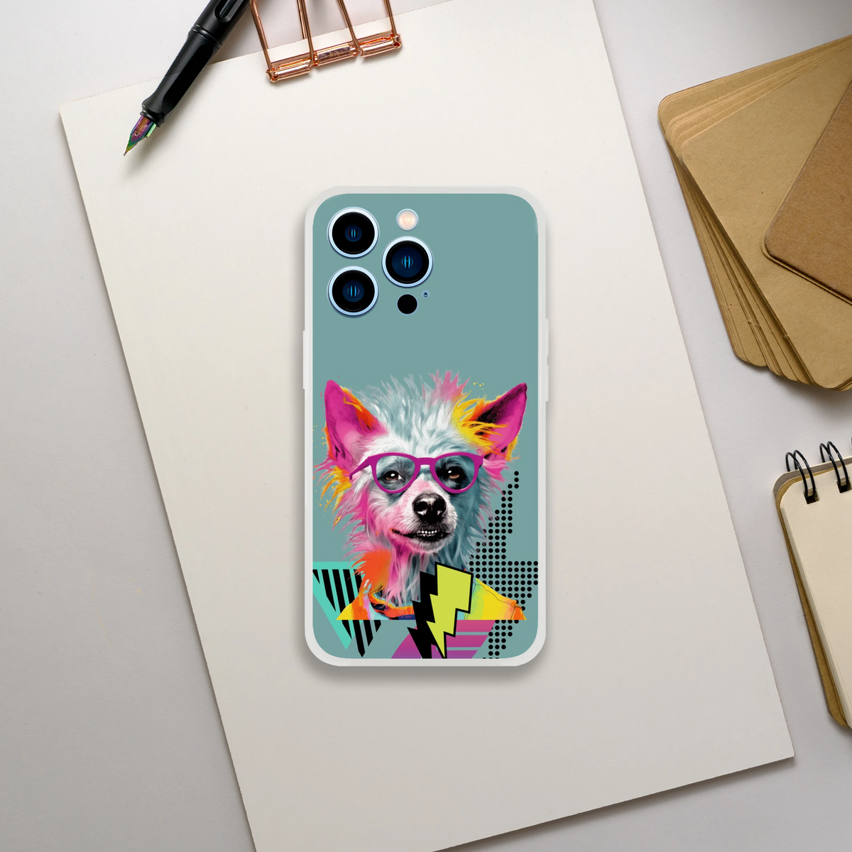 Funny dog iPhone case (13-16) with colorful retro dog art wearing pink glasses on teal background.