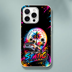 Vibrant iPhone case featuring a slammed car, neon "STATIC" typography, and colorful palm tree sunset art with paint splatter effects.