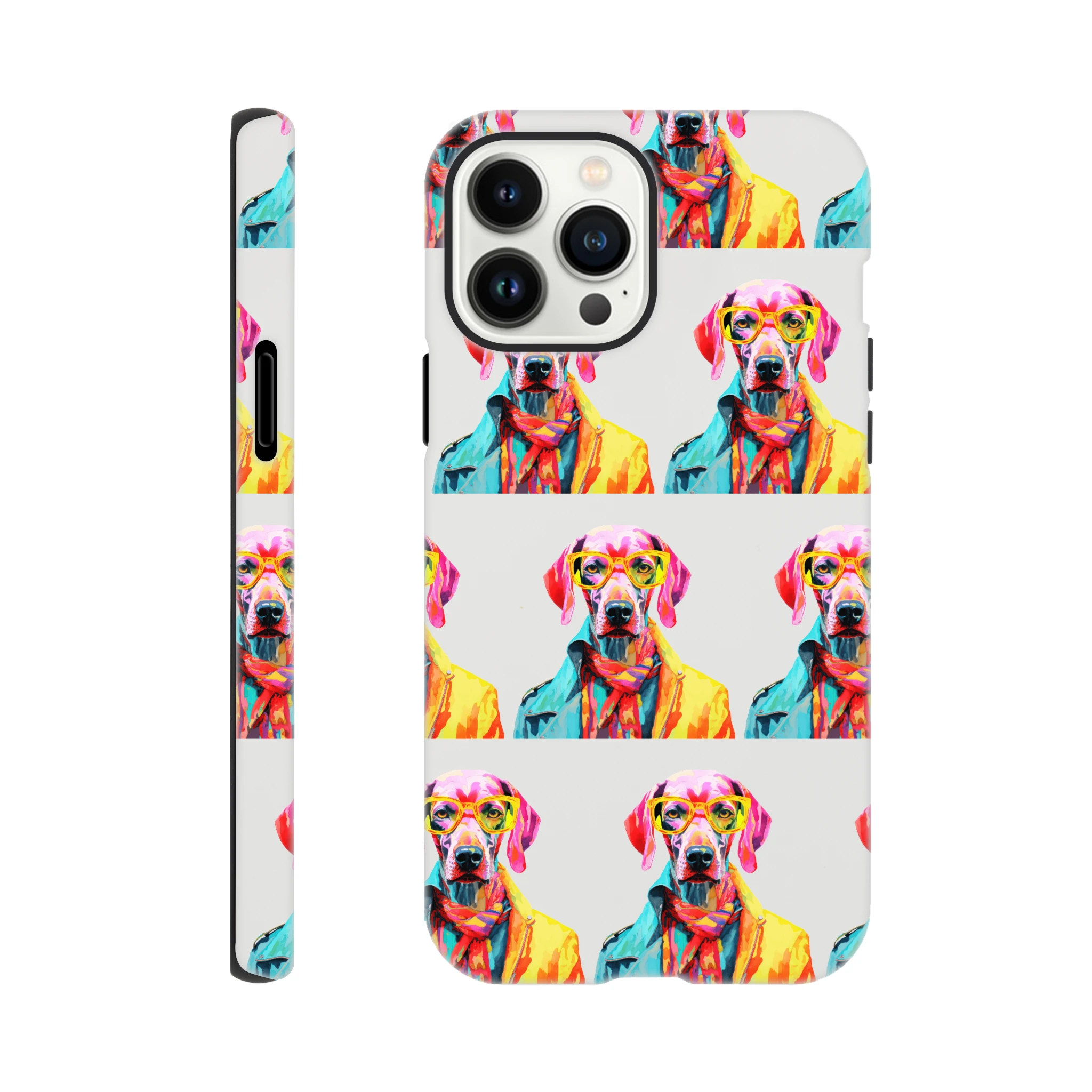 Colorful dog-print dual-layer protective case for iPhone 16/15/14/13 with wraparound print and glossy finish.