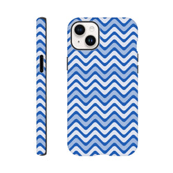 Blue and white retro zigzag iPhone case with wraparound chevron print and tough shock-absorbing protection.