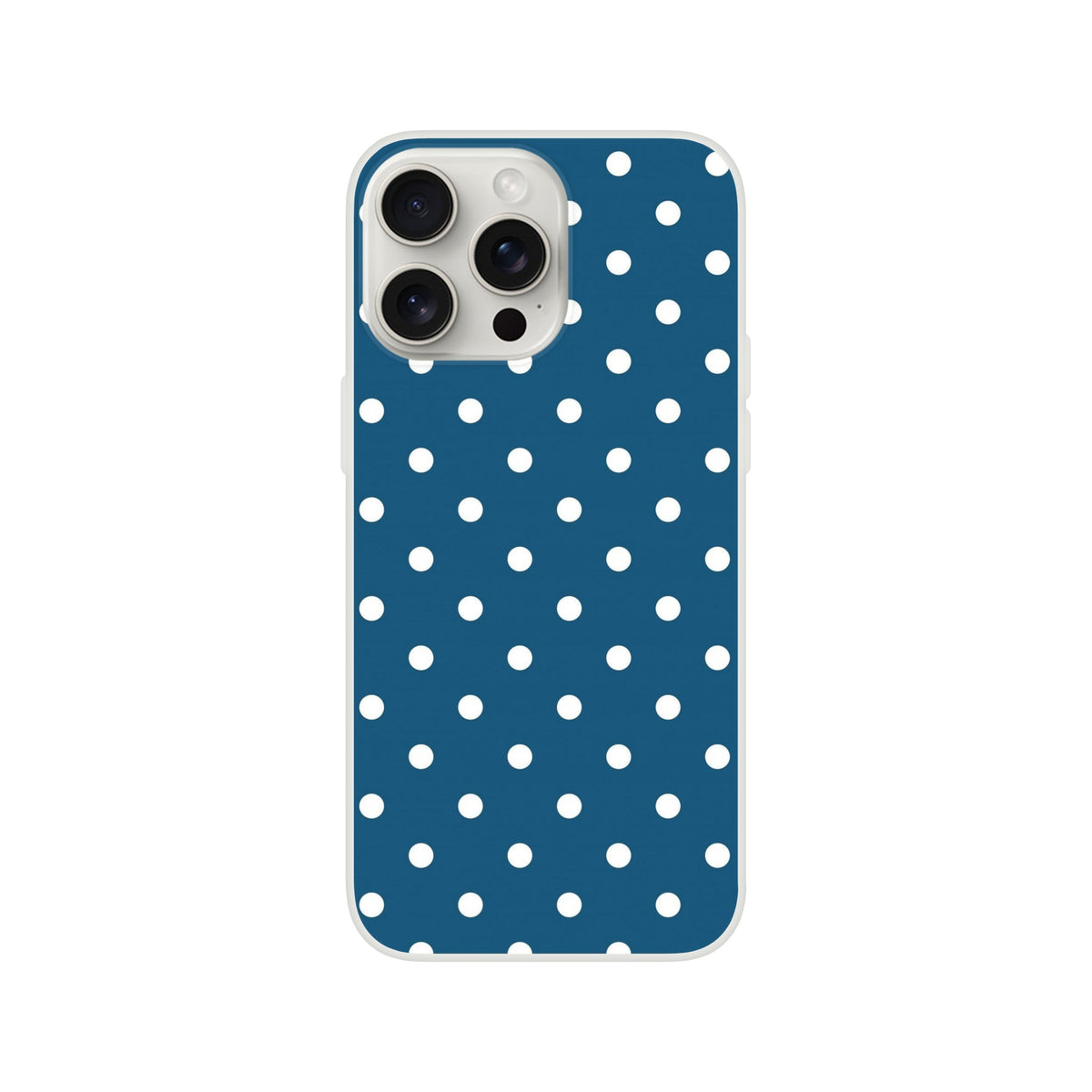 Retro navy blue iPhone case with white polka dots. Shock-absorbing TPU cover for models 13-16 featuring a matte finish and lightweight protection.
