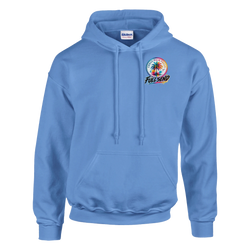 Blue Full Send Urban Palm Trees hoodie for men featuring a front pouch pocket and colorful circular palm tree graphic on the chest.