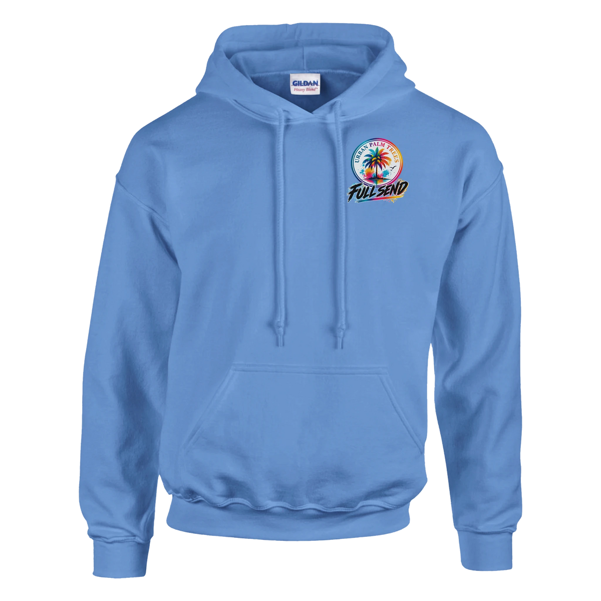 Blue Full Send Urban Palm Trees hoodie for men featuring a front pouch pocket and colorful circular palm tree graphic on the chest.