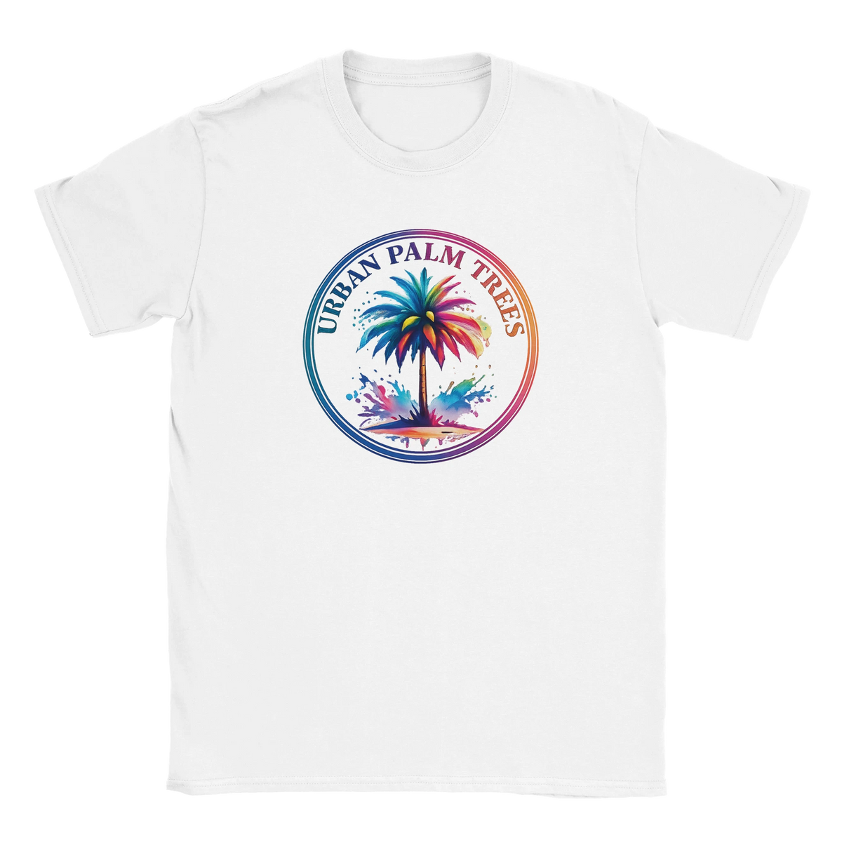 White women's retro palm tree T-shirt with a colorful circular palm graphic, Y2K aesthetic vibe