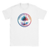 White women's retro palm tree T-shirt with a colorful circular palm graphic, Y2K aesthetic vibe