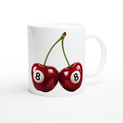 Lucky Cherries mug: white ceramic with two red cherries and white circular 8 labels.