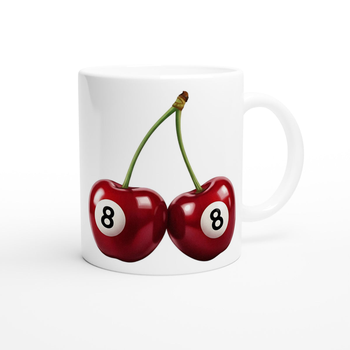 Lucky Cherries mug: white ceramic with two red cherries and white circular 8 labels.