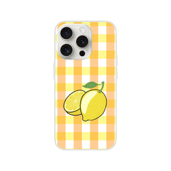 Slim yellow gingham iPhone case (13-16) with lemon print and matte finish