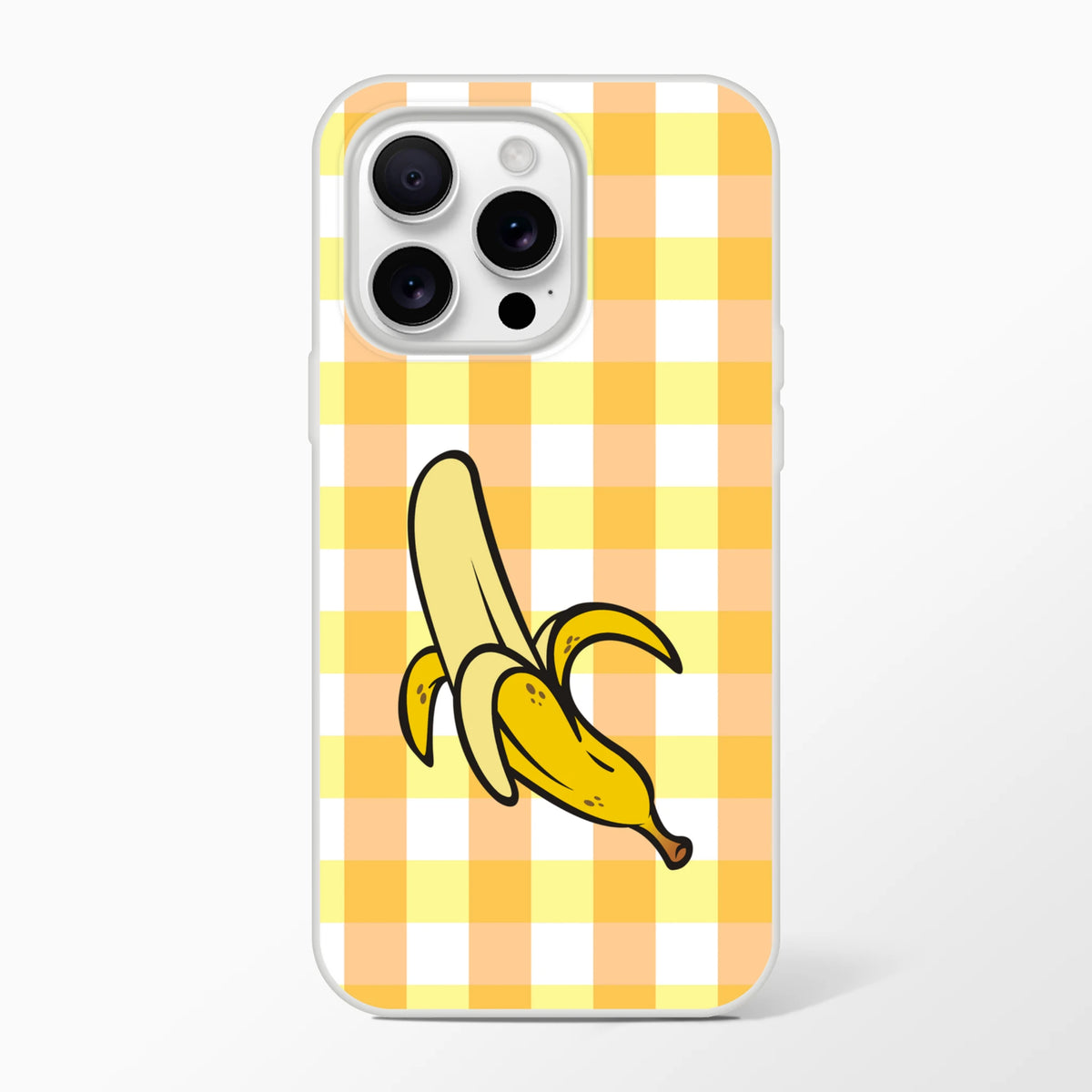 Banana gingham iPhone 13-16 case in yellow, bold streetwear aesthetic with protective shell.