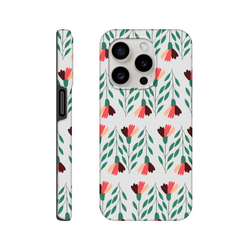 Floral wraparound tough protective case for iPhone 16-13 with green leaves and pink flowers, dual-layer glossy finish.