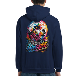 Navy hoodie back featuring colorful "Low Life" graphic with coilover, palm trees, and tire tracks for modified car culture.