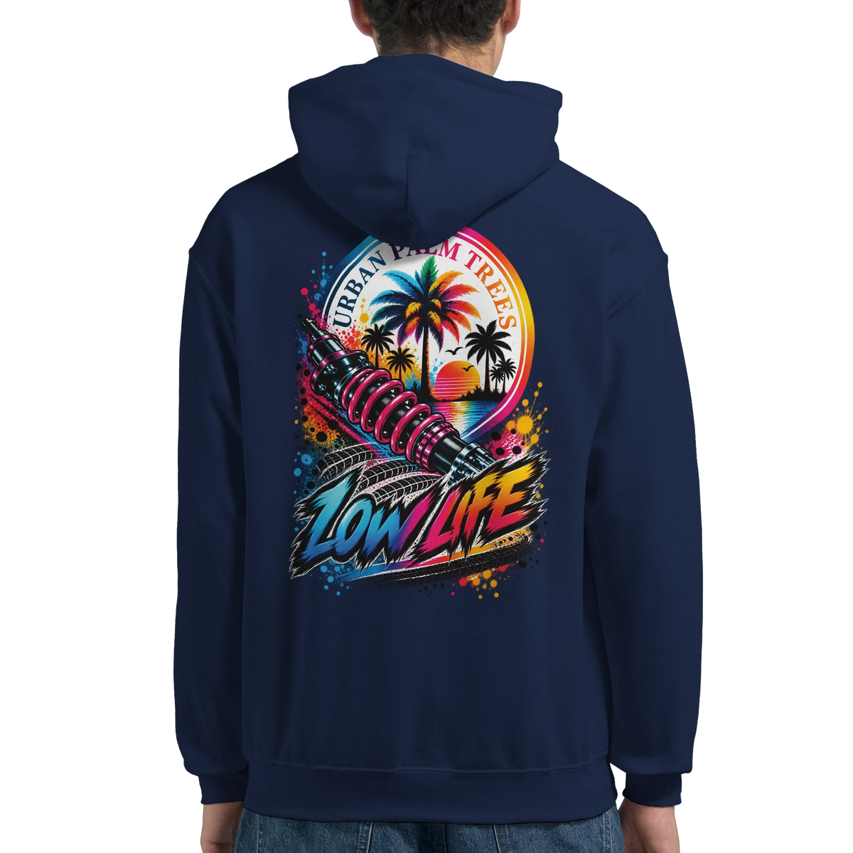 Navy hoodie back featuring colorful "Low Life" graphic with coilover, palm trees, and tire tracks for modified car culture.