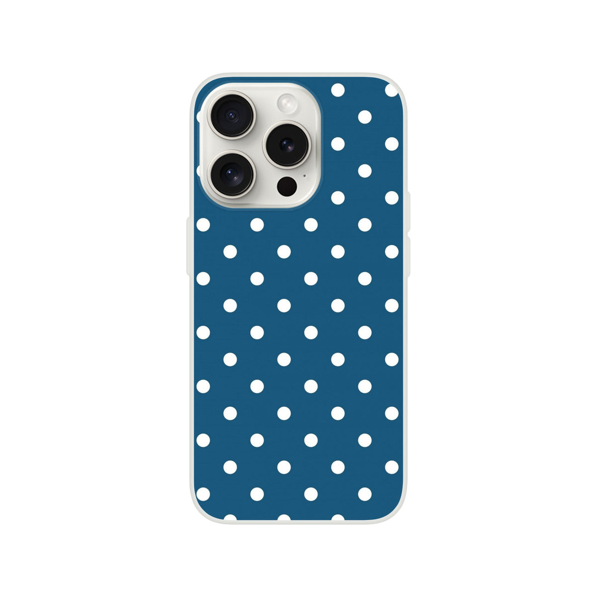 Retro navy blue phone case with white polka dots featuring a matte finish and shock-absorbing TPU protection for iPhone 13-16 models.