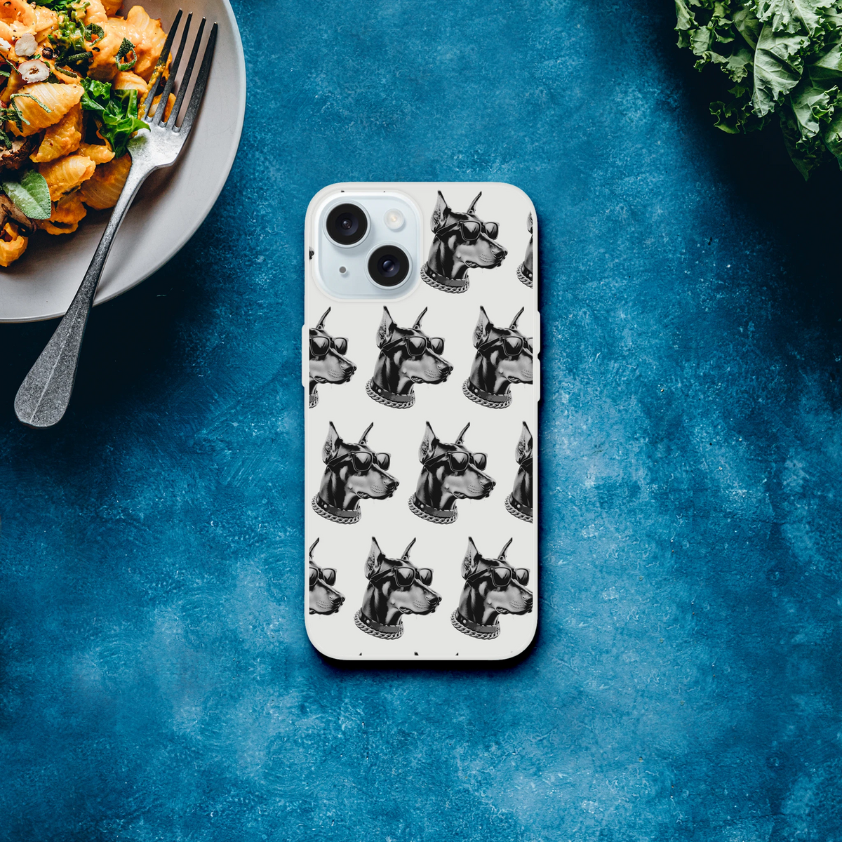 Transparent iPhone case with a repeating gangster dog pattern in black and white for iPhone 13-16.