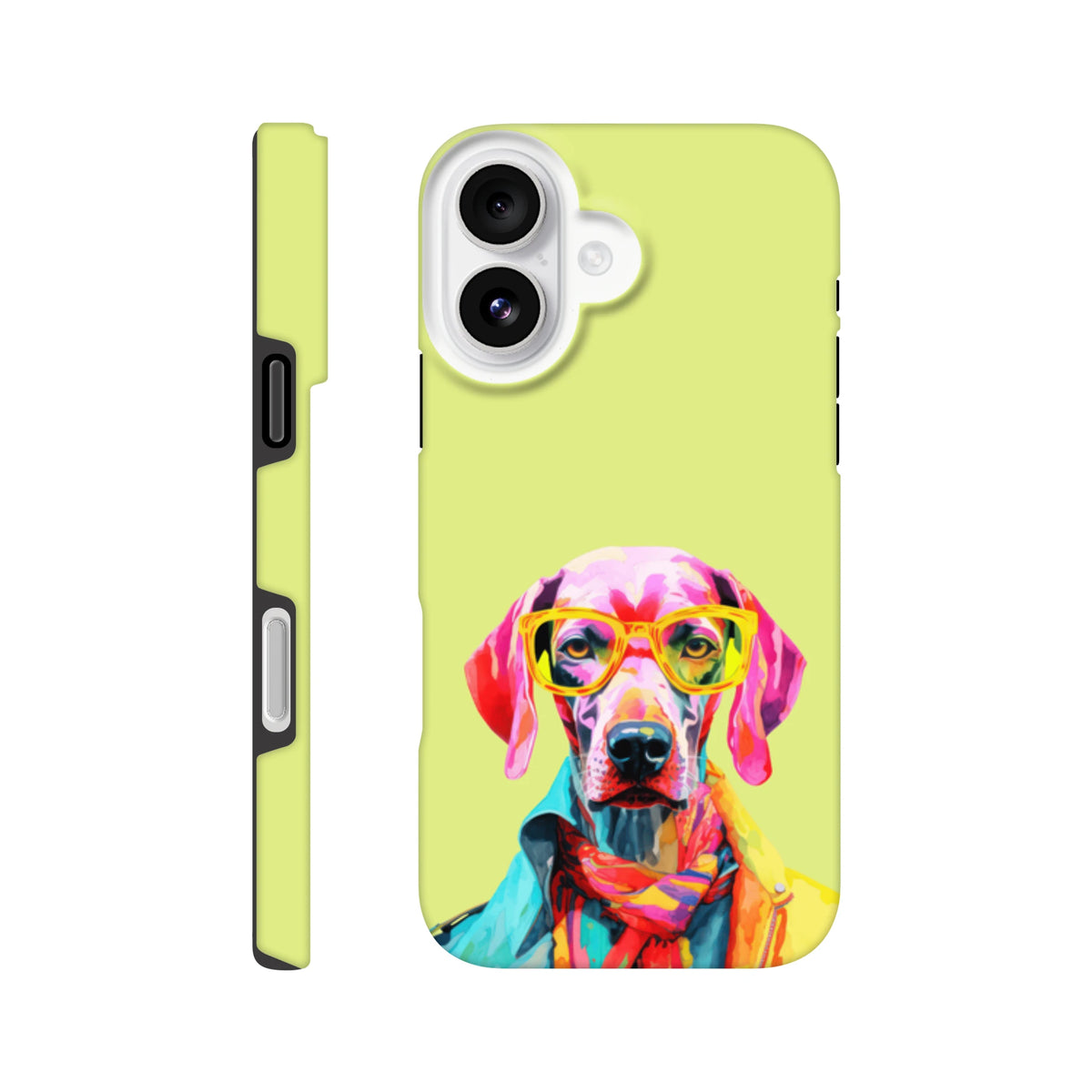 Vibrant pop art dog wearing yellow glasses and colorful jacket on a tough lime green iPhone case.