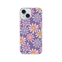 Retro pastel daisy iPhone case for 13-16; purple floral design with pastel petals and matte finish.