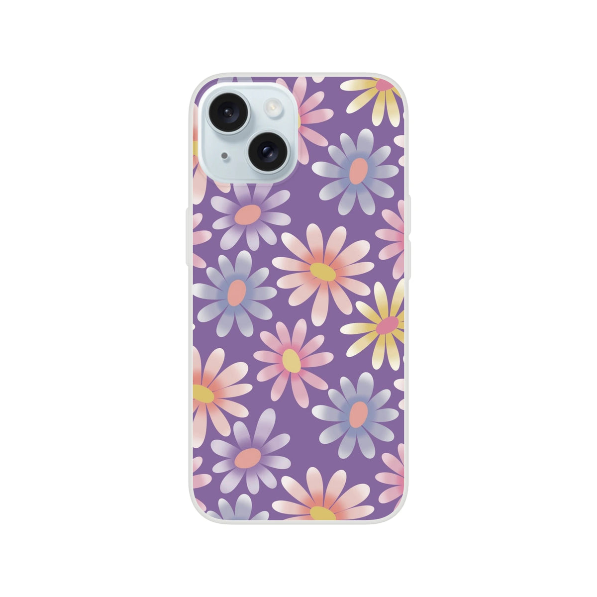 Retro pastel daisy iPhone case for 13-16; purple floral design with pastel petals and matte finish.