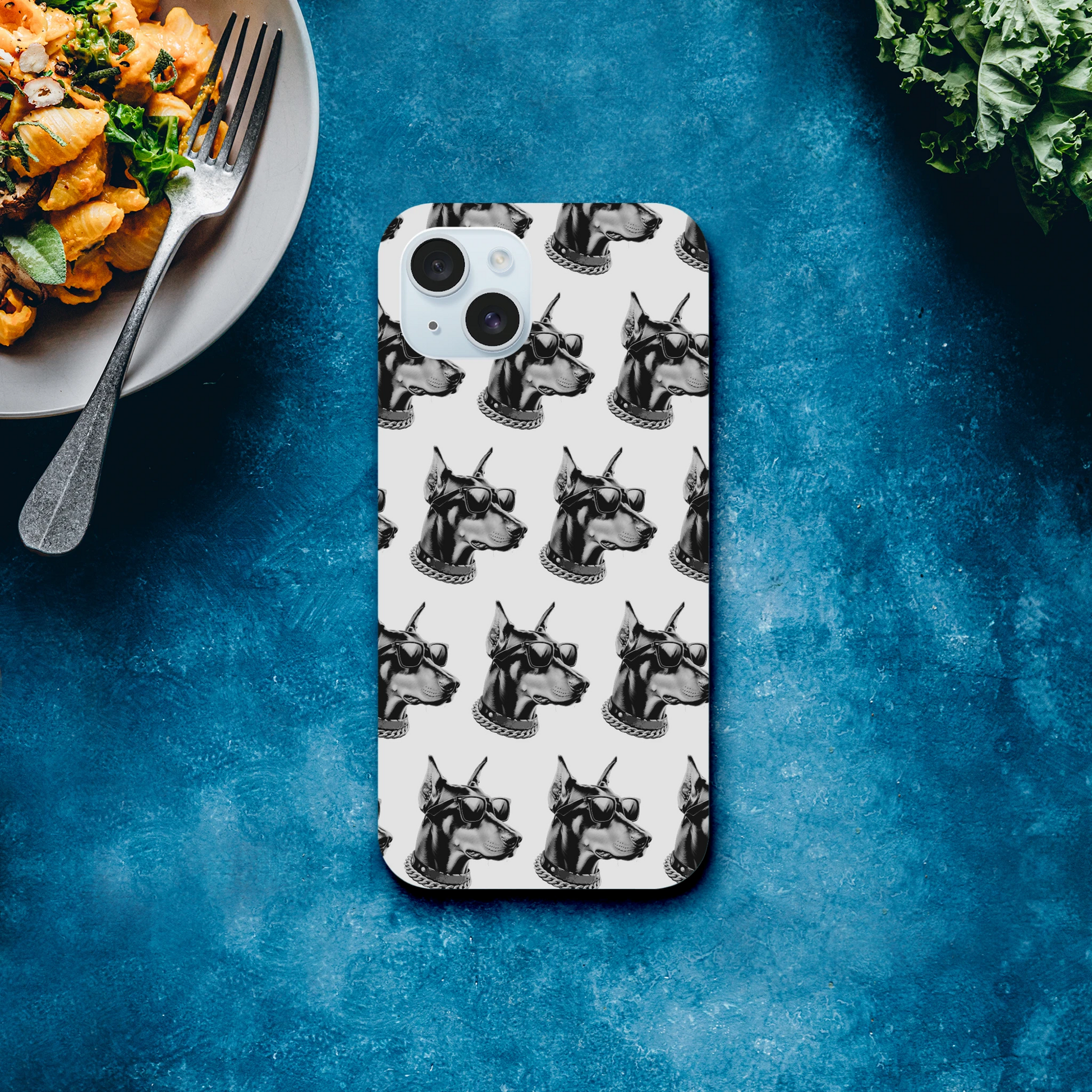 Gangster dog pattern iPhone case with wraparound print, double-layer protection, glossy finish for iPhone 16/15/14/13