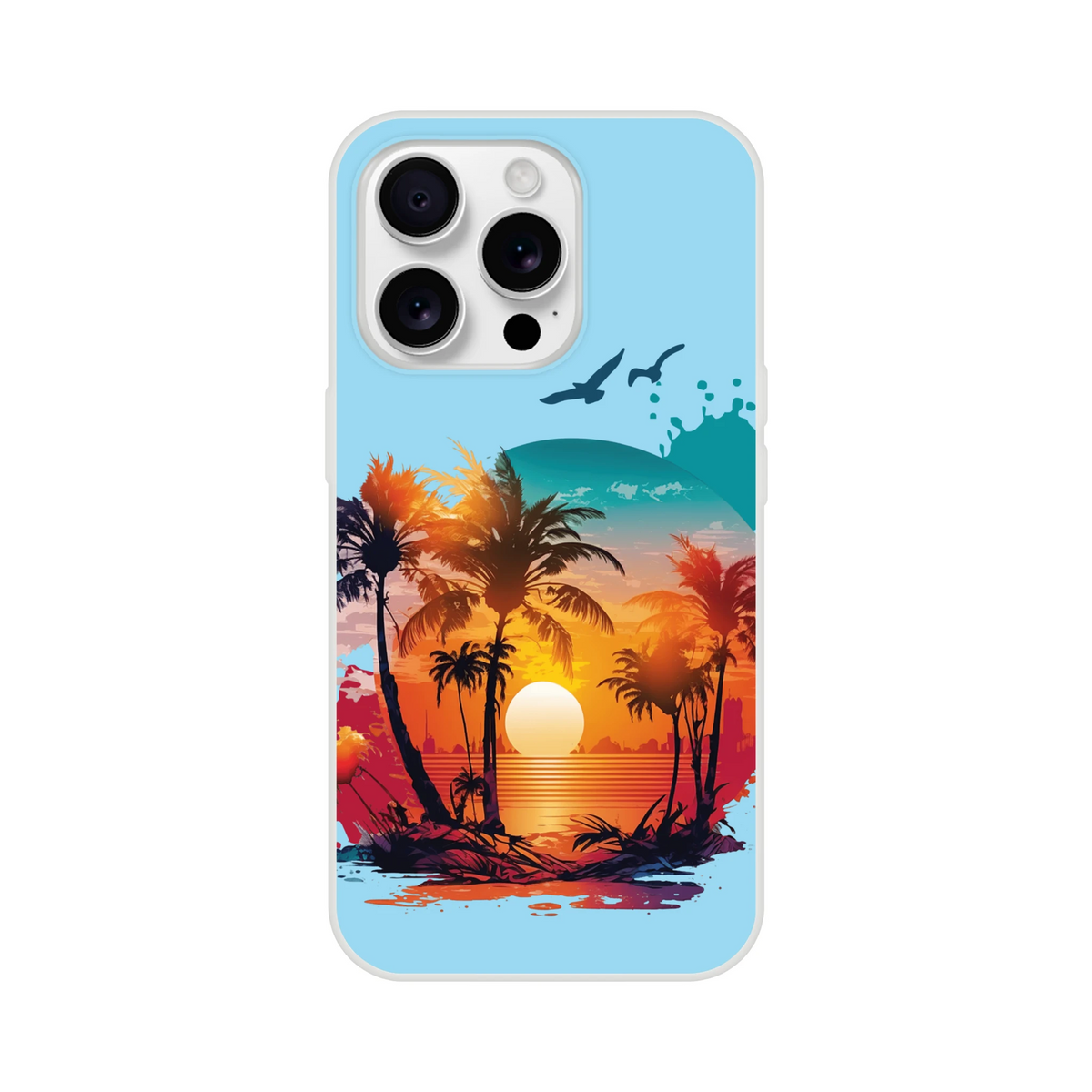 Cute Sunset iPhone case (13-16) with tropical sunset, palm trees, and ocean on light blue background.