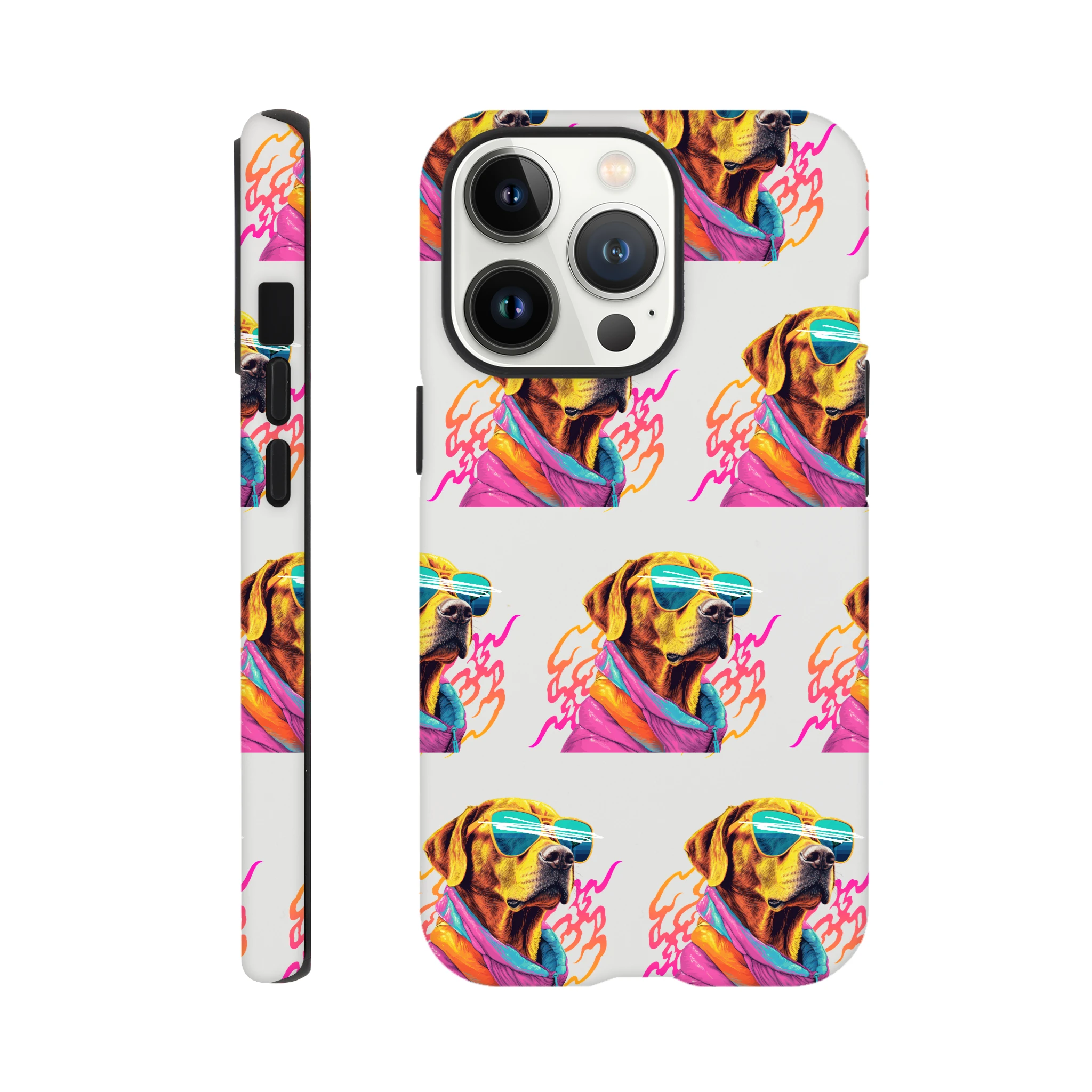 Colorful dog-print case with sunglasses motif, glossy dual-layer protection for iPhone 16/15/14/13.