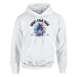 Urban Palm Trees Hoodie: white cozy women's top with colorful palm graphic, front pouch, double-lined hood.