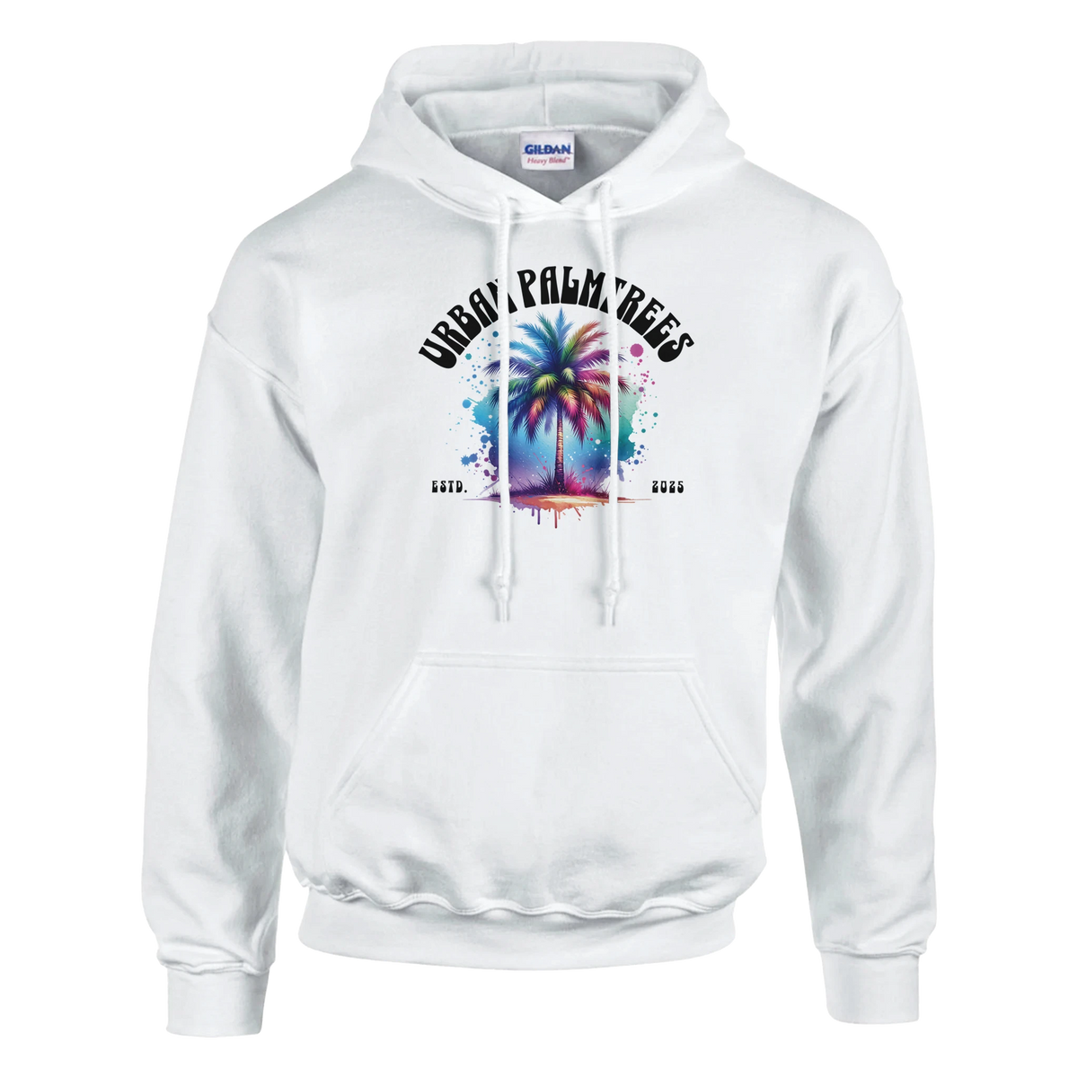 Urban Palm Trees Hoodie: white cozy women's top with colorful palm graphic, front pouch, double-lined hood.