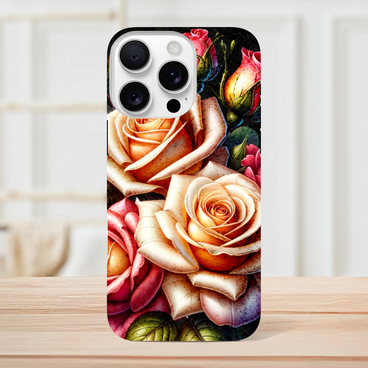Romantic floral iPhone case featuring detailed peach and pink rose botanical artwork with reinforced corners for impact protection.