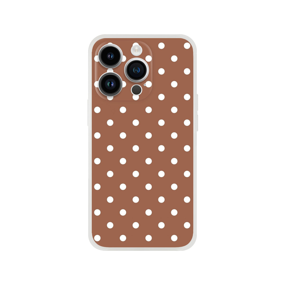 Retro brown and white polka dot iPhone case with matte finish and shock-absorbing TPU protection for models 13-16.