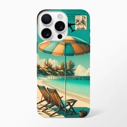 Vintage retro beach holiday iPhone case featuring a striped umbrella, deck chairs, wooden pier, and tropical postage stamp graphic.