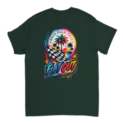 Dark green t-shirt back featuring Flat Out graphic with checkered flag, palm trees, and retro sunset car culture design.