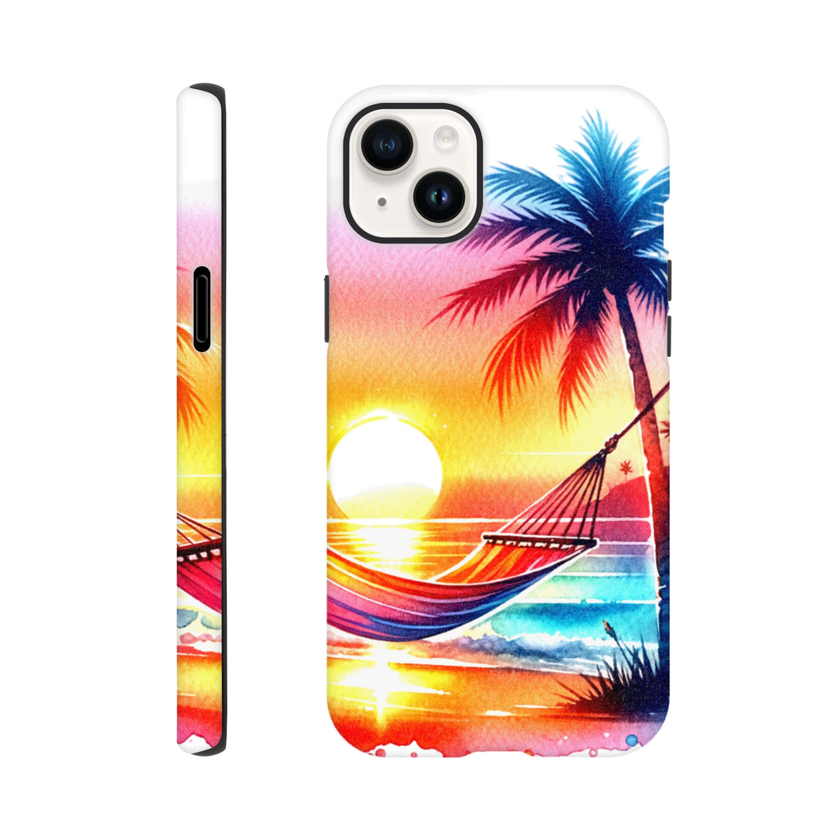 Vibrant tropical sunset iPhone case featuring a palm tree and hammock design over colorful water. Shock-absorbing tough cover for daily carry.