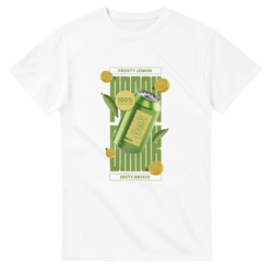 White t-shirt featuring retro green can graphic with lemon slices and frosty citrus typography for urban streetwear.