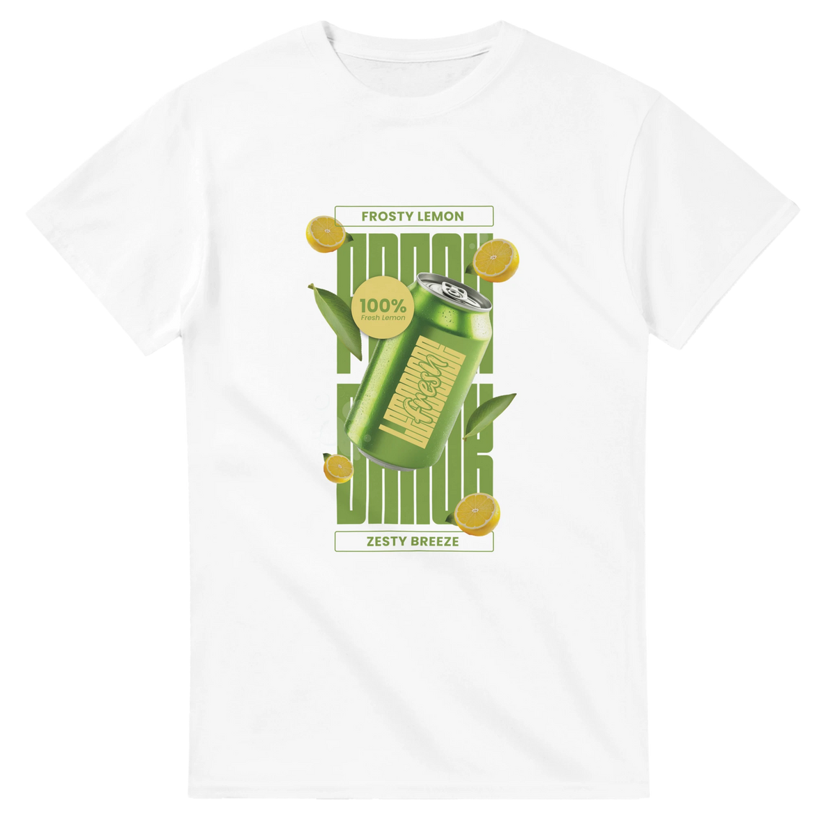 White t-shirt featuring retro green can graphic with lemon slices and frosty citrus typography for urban streetwear.