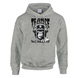 Trance Gorilla men's graphic hoodie, soft cotton blend, grey with gorilla wearing headphones design, sizes S–XL.