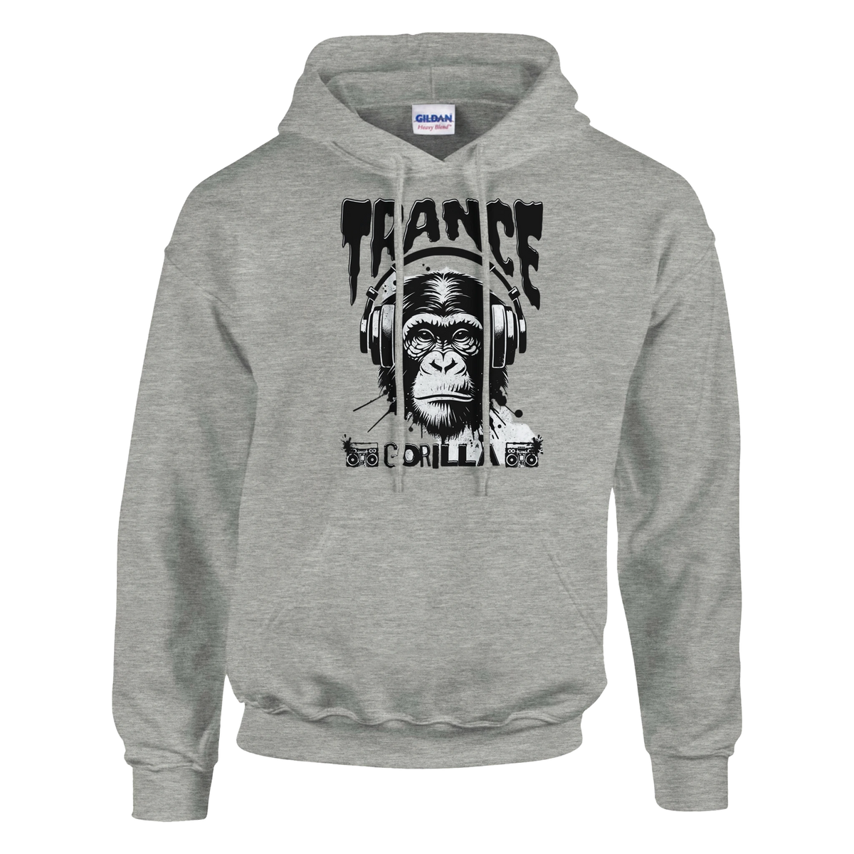 Trance Gorilla men's graphic hoodie, soft cotton blend, grey with gorilla wearing headphones design, sizes S–XL.