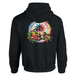 Black hoodie featuring a colorful tropical retro back print with palm trees, cocktails, hibiscus flowers, and a starfish design.