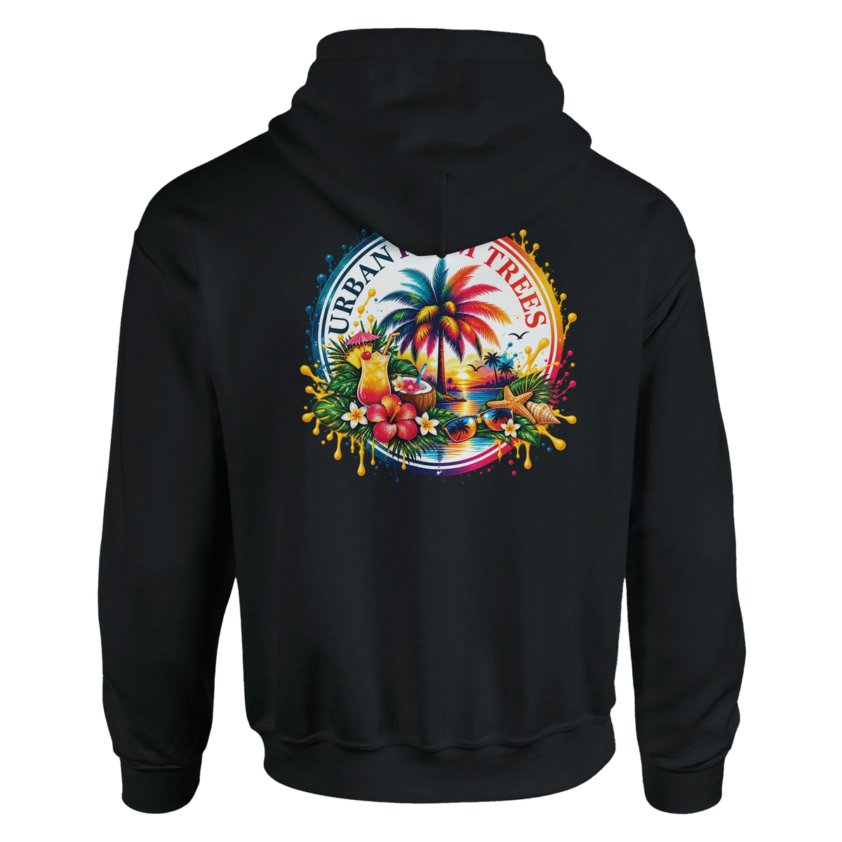 Black hoodie featuring a colorful tropical retro back print with palm trees, cocktails, hibiscus flowers, and a starfish design.