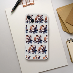 Clear iPhone case with a repeating bulldog on skateboard pattern; flexible, protective cover for iPhone 13–16.